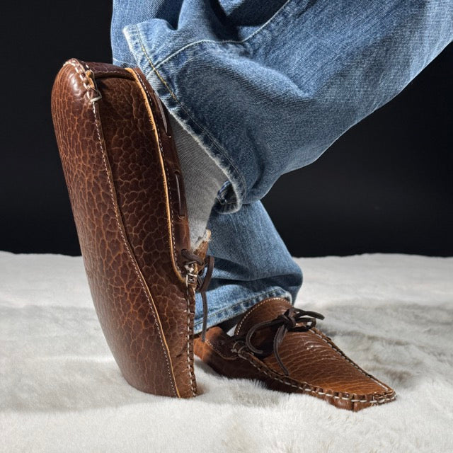 Man wearing Old Bernard handmade Bison leather moccasin with jeans