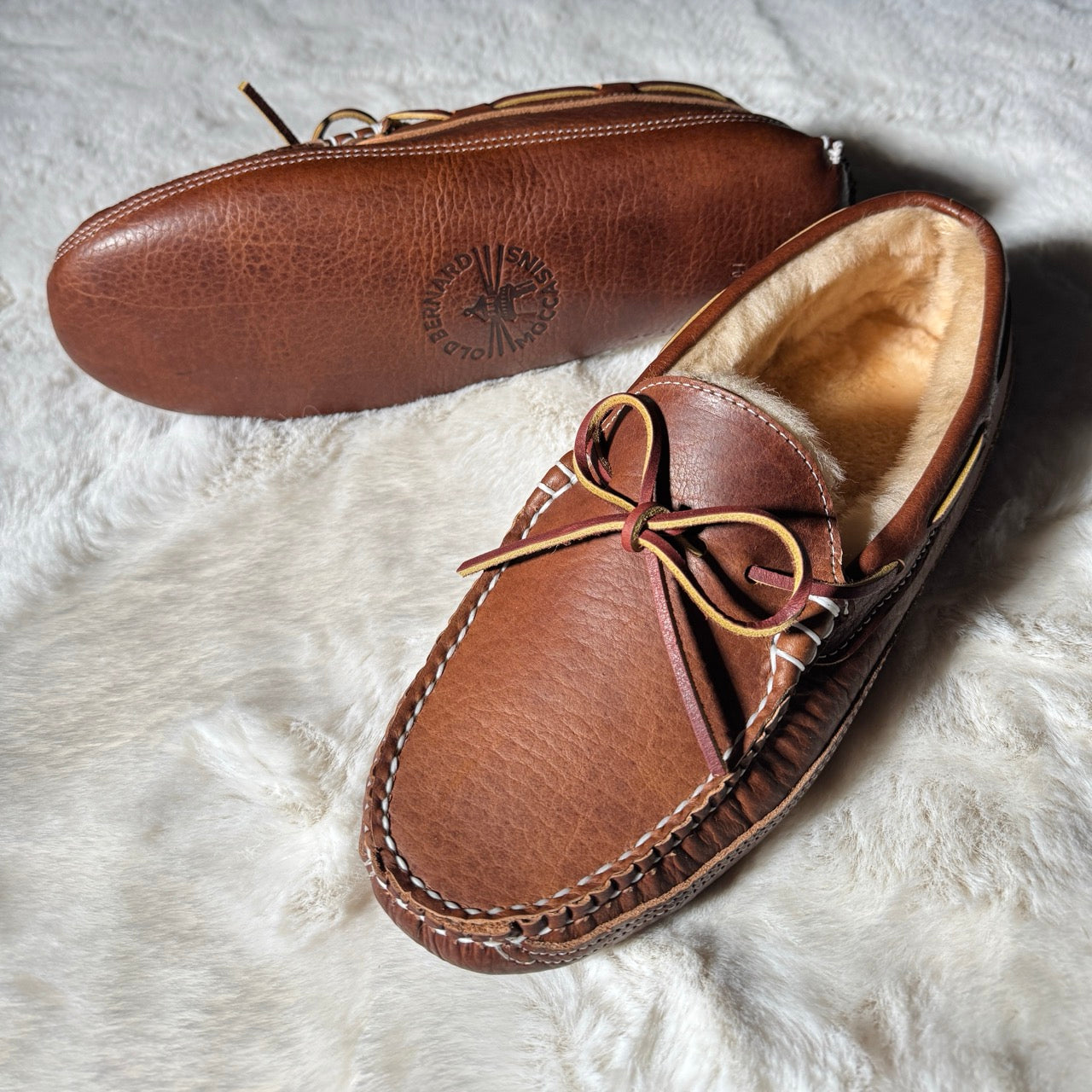 David's premium honey brown bison moccasin with golden shearling lining