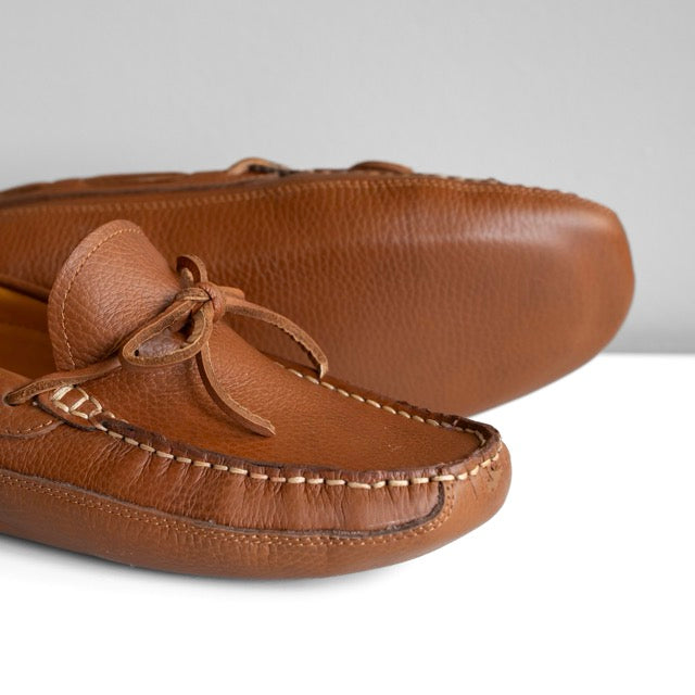 Harrison's honey brown leather moccasin with white stitching