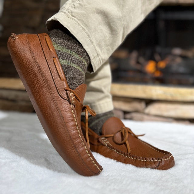 Man wearing Harrison's honey brown moccasins