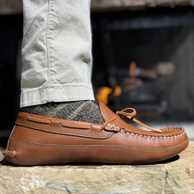 Side view of Harrison's honey brown leather moccasin
