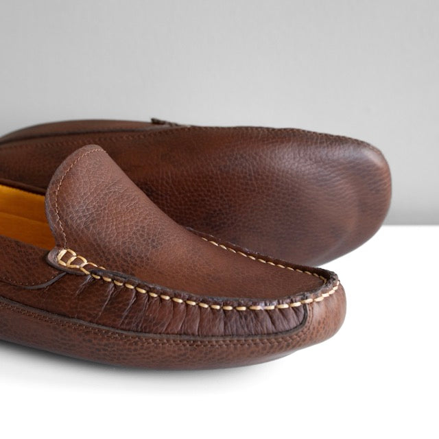 Mike's dark brown laceless leather moccasin with soft sole