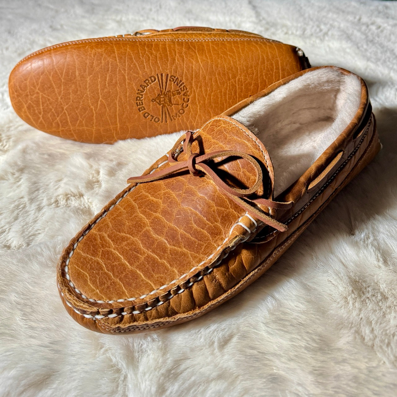 Timothy's honey brown bison moccasin with white shearling lining