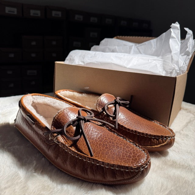 Winston's bison moccasin shown in its Old Bernard box