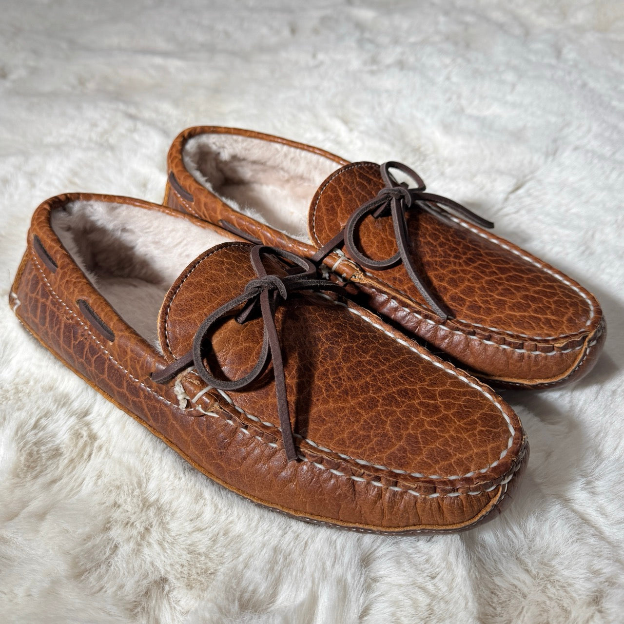 Winston's dark brown bison leather moccasin with shearling lining, front view