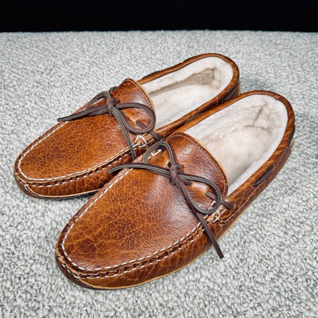 Side view of Winston's dark brown bison moccasin